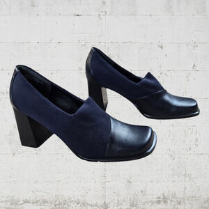 90s Vintage Navy Blue Block Heel Slip On Square Toe Prima Royale Loafers Size 8